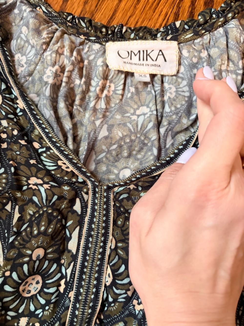 Omika Olive Floral Zip-Front Blouse